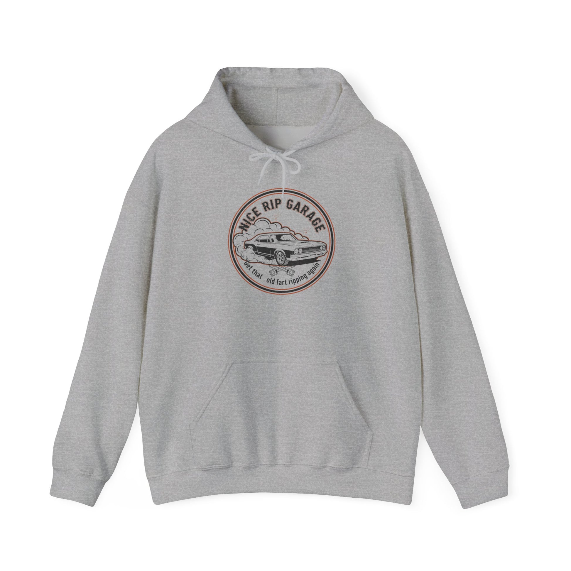Gray hoodie with a circular logo and  'Nice Rip Garage Get that old fart ripping again' text on a white background