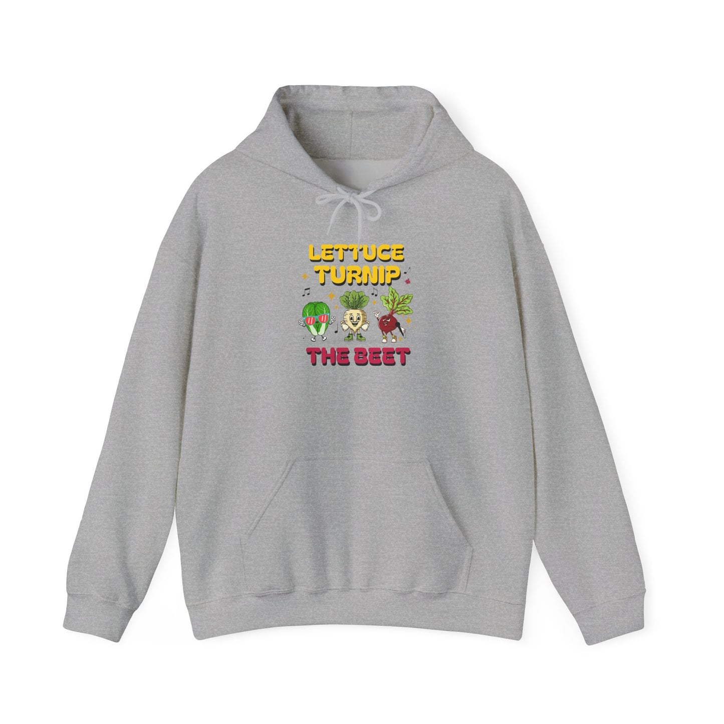 Gray hoodie with vegetable graphic and text 'Lettuce Turnip the Beet' on a white background