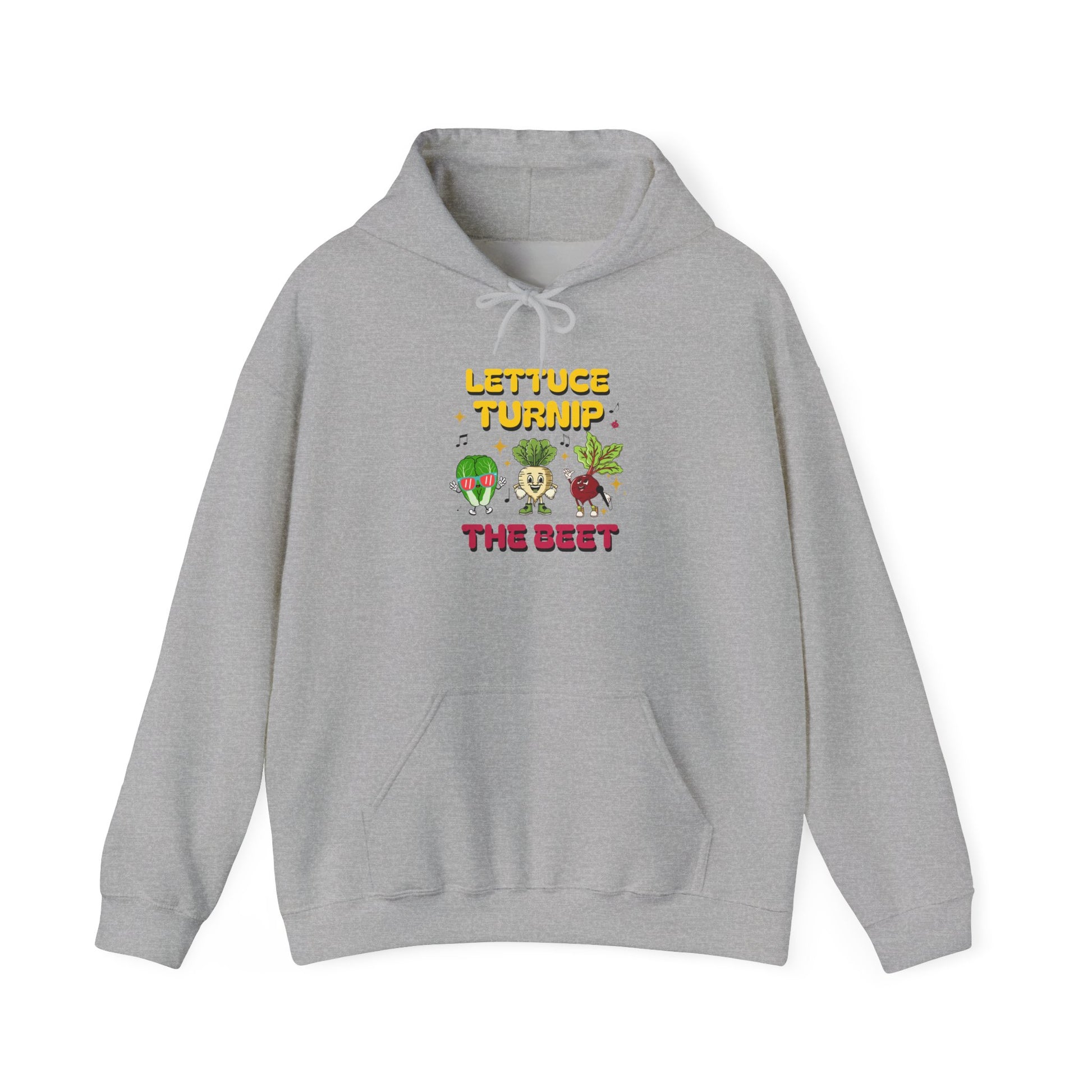 Gray hoodie with vegetable graphic and text 'Lettuce Turnip the Beet' on a white background