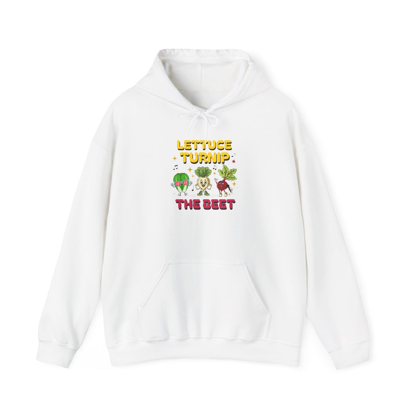 White hoodie with vegetable-themed text 'Lettuce Turnip the Beet' design on a white background