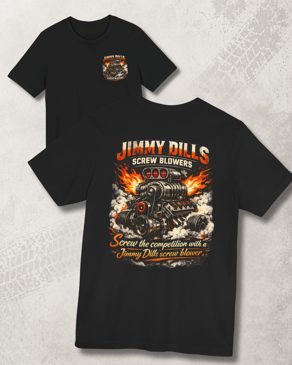 Black t-shirt with 'Jimmy Dills Screw Blowers' graphic design on a textured gray background