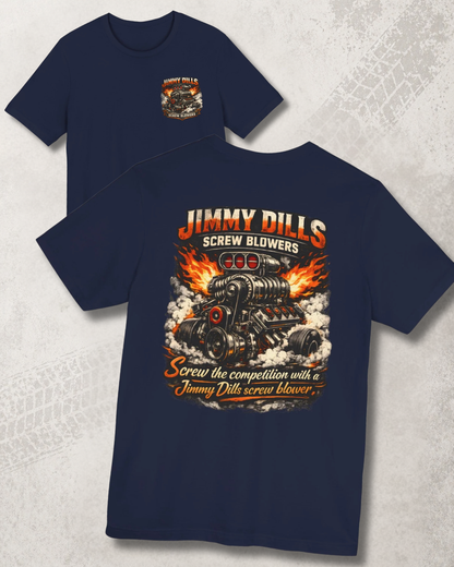 Navy blue t-shirt with 'Jimmy Dills Screw Blowers' graphic design on a textured gray background