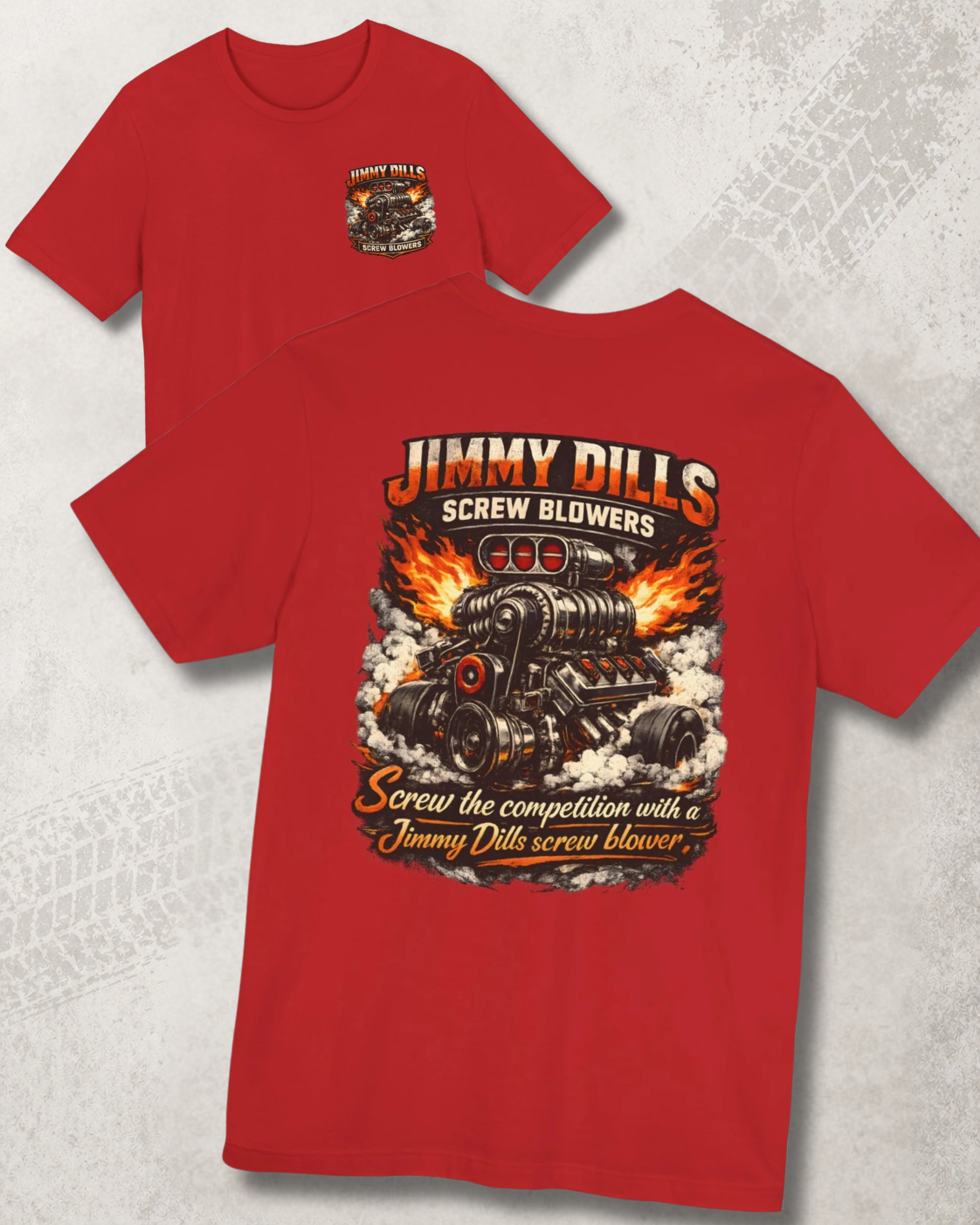 Red t-shirt with graphic design and 'Jimmy Dills Screw Blowers Screw the competition with a Jimmy Dills screw blower' text on a textured gray background