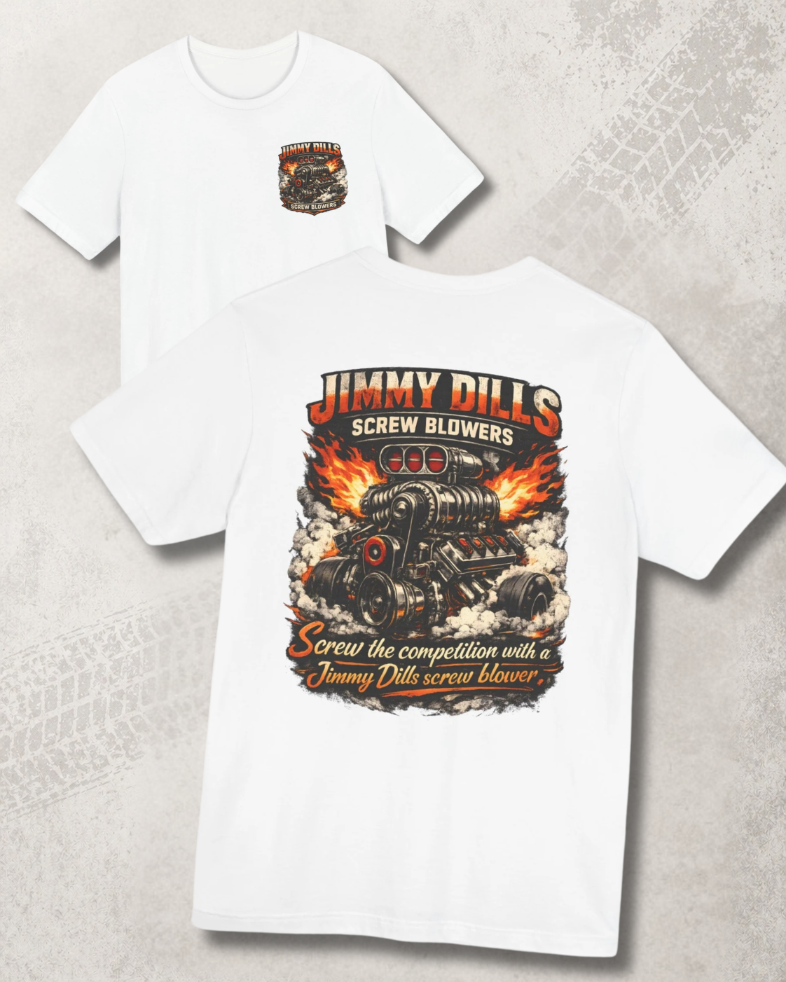 White t-shirt with 'Jimmy Dill's Screw Blowers' graphic design on a textured gray background