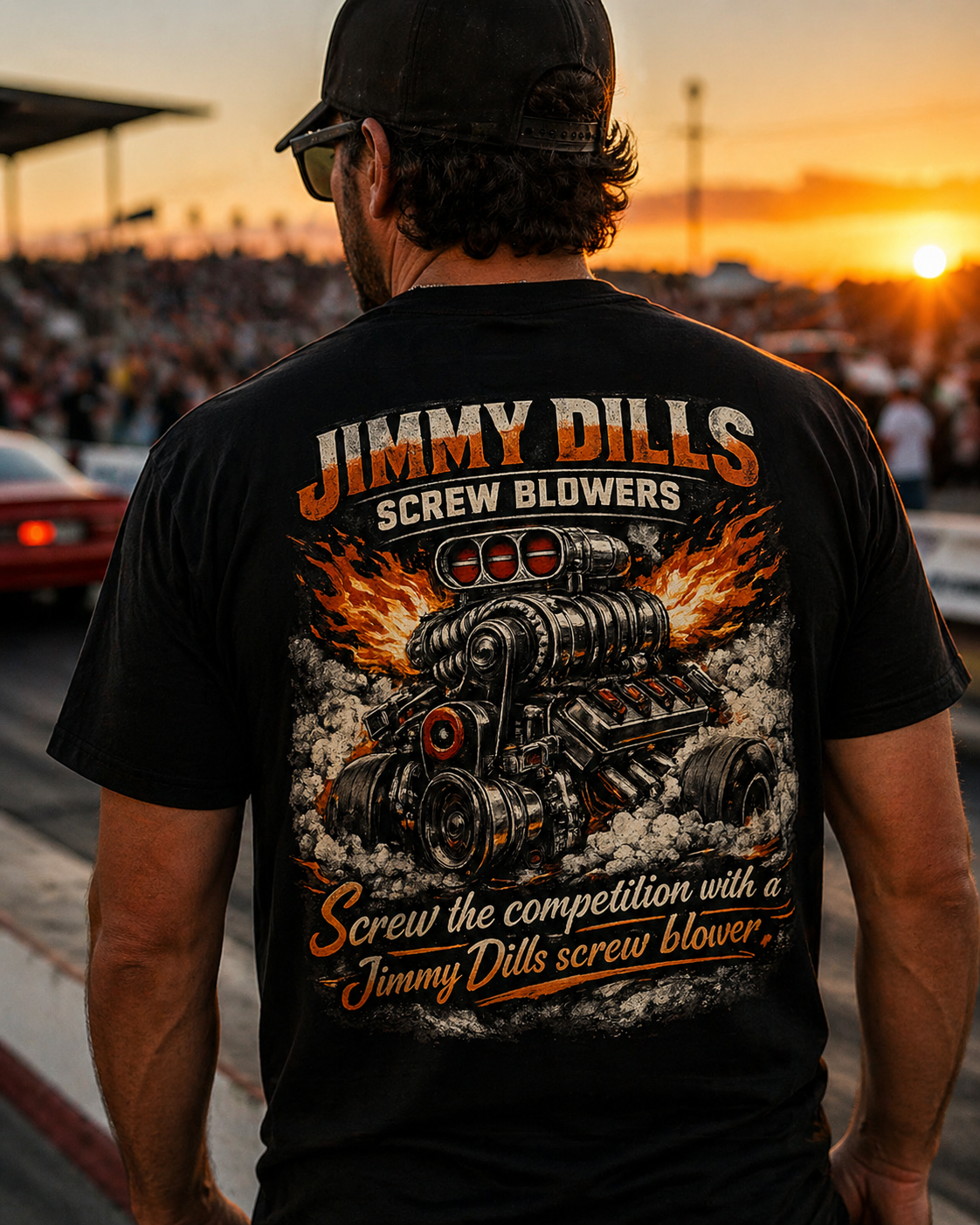 Man wearing a black t-shirt with 'Jimmy Dills Screw Blowers' graphic design at sunset.