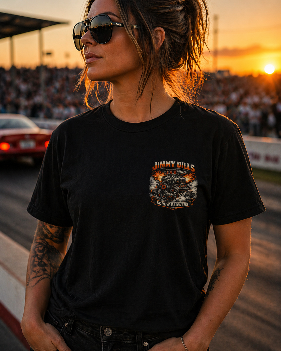 Woman wearing a black t-shirt with a Jimmy Dills Screw Blowers logo at a race track during sunset.