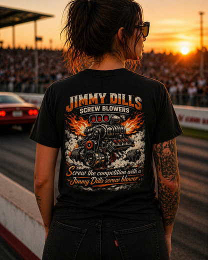 Woman wearing a black t-shirt with 'Jimmy Dills Screw Blowers' graphic design at a race track.