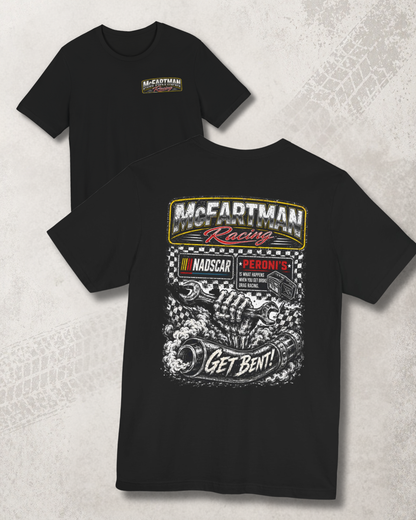 Front and back flat lay of black Bella+Canvas 3001 McFartman Racing “Get Bent!” drag racing t-shirt featuring gritty motorsports graphics and vintage-style distressed print.