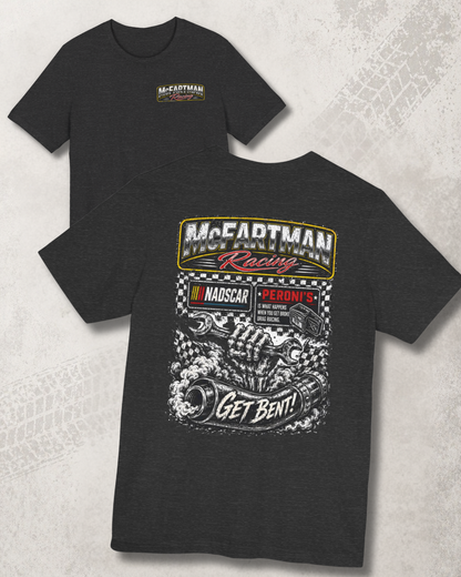 Front and back flat lay of dark heather McFartman Racing “Get Bent!” funny drag racing t-shirt with distressed motorsports graphics.