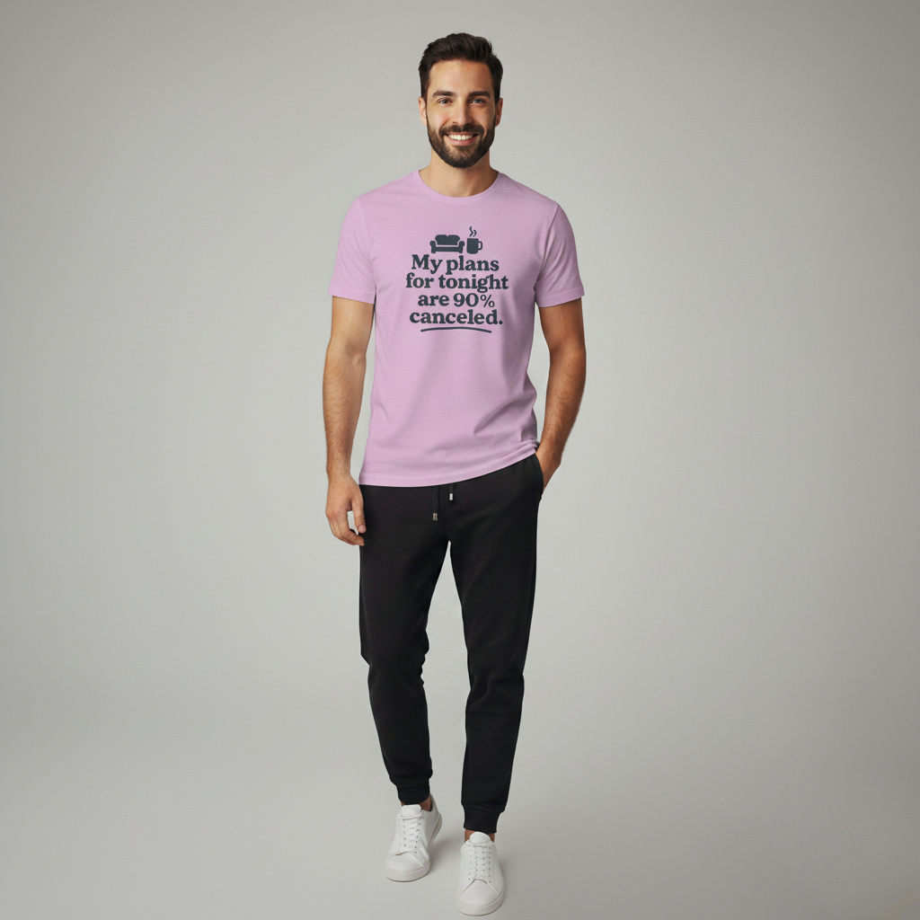 Man wearing a lilac t-shirt with text 'My plans for tonight are 90% canceled' on a gray background