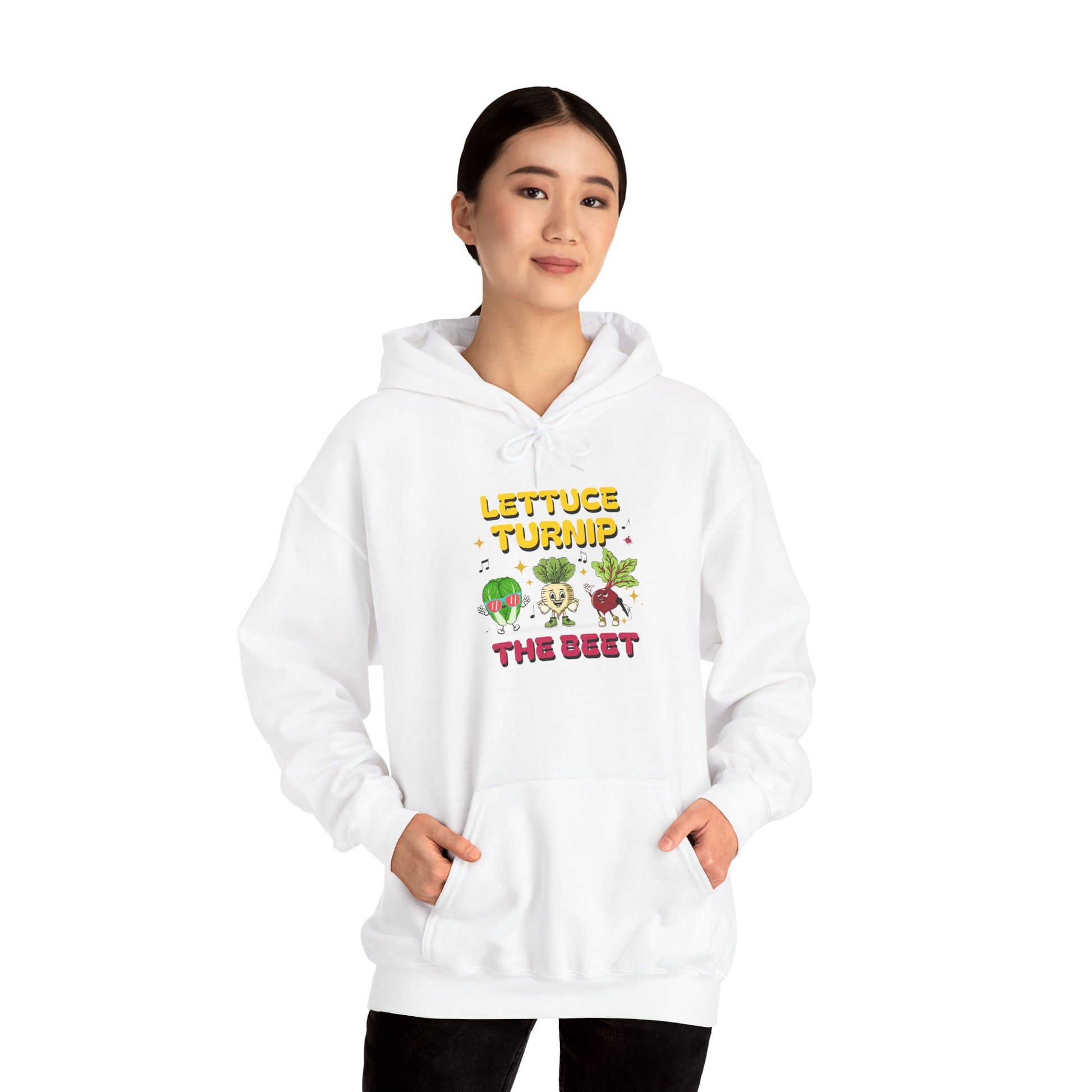 Person wearing a white hoodie with vegetable-themed design and text 'Lettuce Turnip the Beet' on a white background