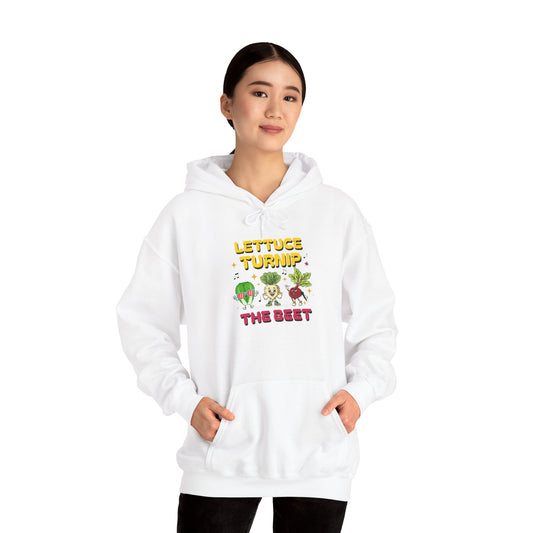 Person wearing a white hoodie with vegetable-themed design and text 'Lettuce Turnip the Beet' on a white background