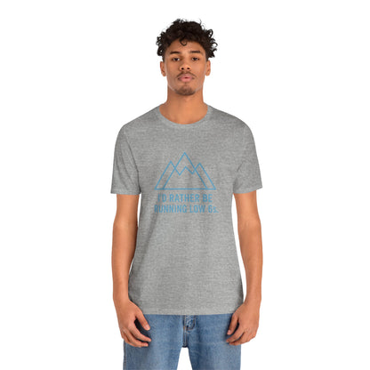 Person wearing a gray t-shirt with a blue graphic and text 'I'd rather be running low 6s' on a white background