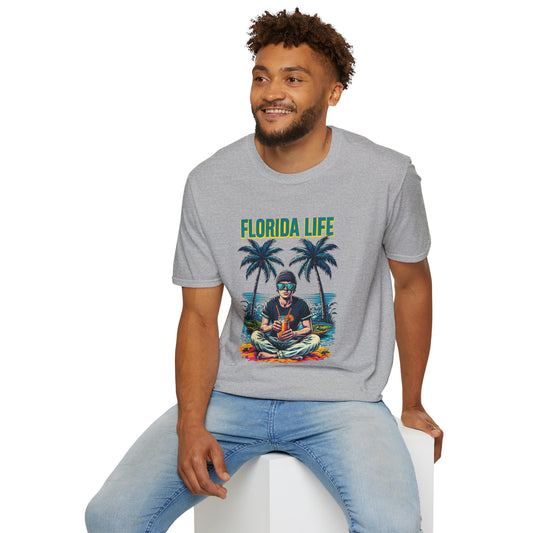 Man wearing a gray 'Florida Life' t-shirt with a graphic design on a white background