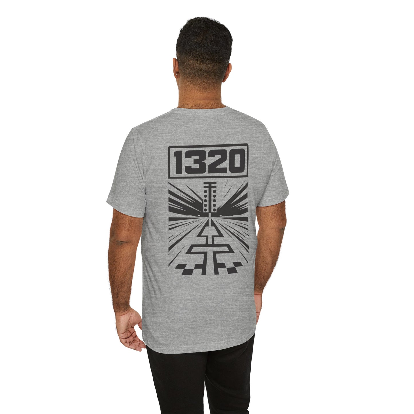 Person wearing a gray t-shirt with a black graphic design and '1320' on the back, on a white background
