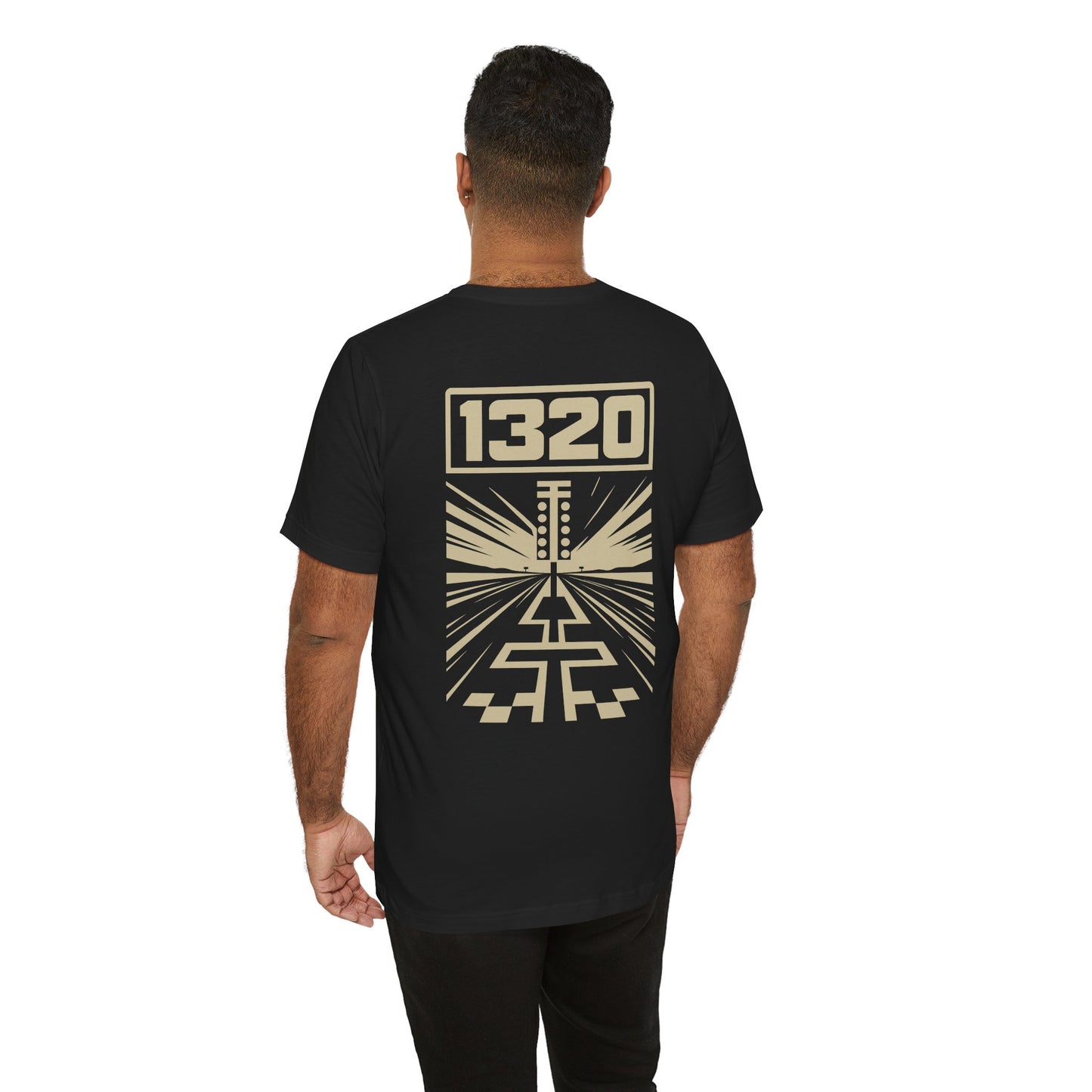 Person wearing a black t-shirt with '1320' design on the back against a white background