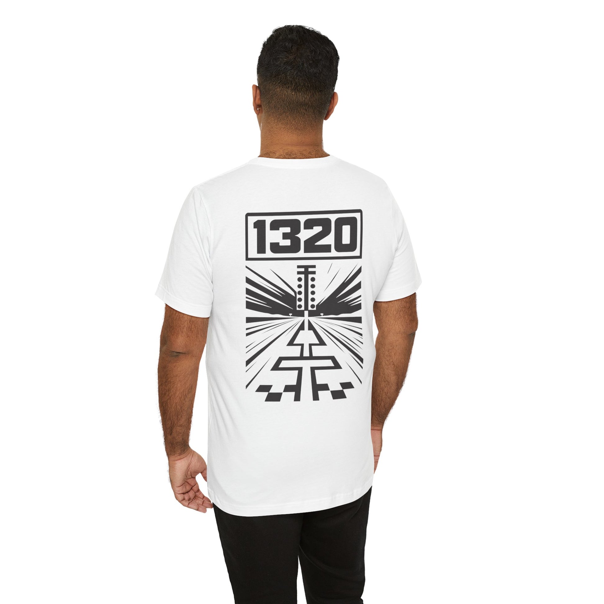 Person wearing a white t-shirt with a black graphic design and '1320' on the back against a white background