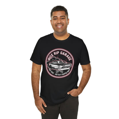 Man wearing a black t-shirt with a graphic design and text 'Nice Rip Garage Get that old fart ripping again' on a white background
