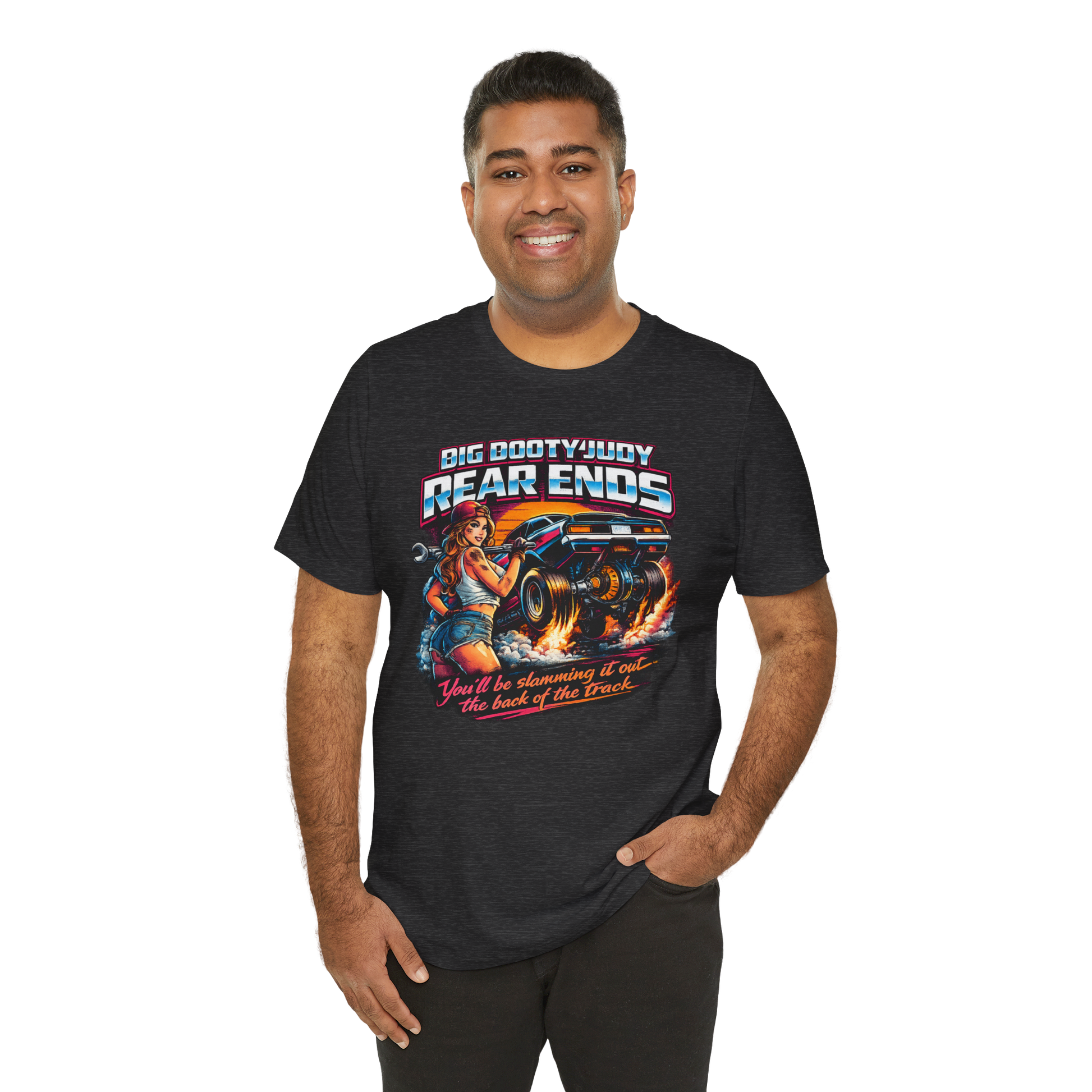 Man wearing a black t-shirt with a graphic design on a white background