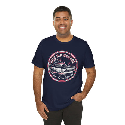 Man wearing a navy blue t-shirt with a graphic design and text 'Nice Rip Garage Get that old fart ripping again' on a white background