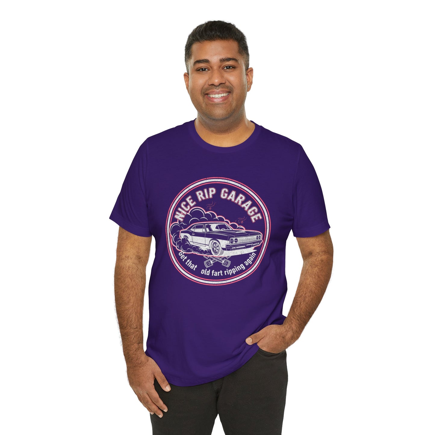 Man wearing a purple t-shirt with a graphic design and text 'Nice Rip Garage Get that old fart ripping again' on a white background