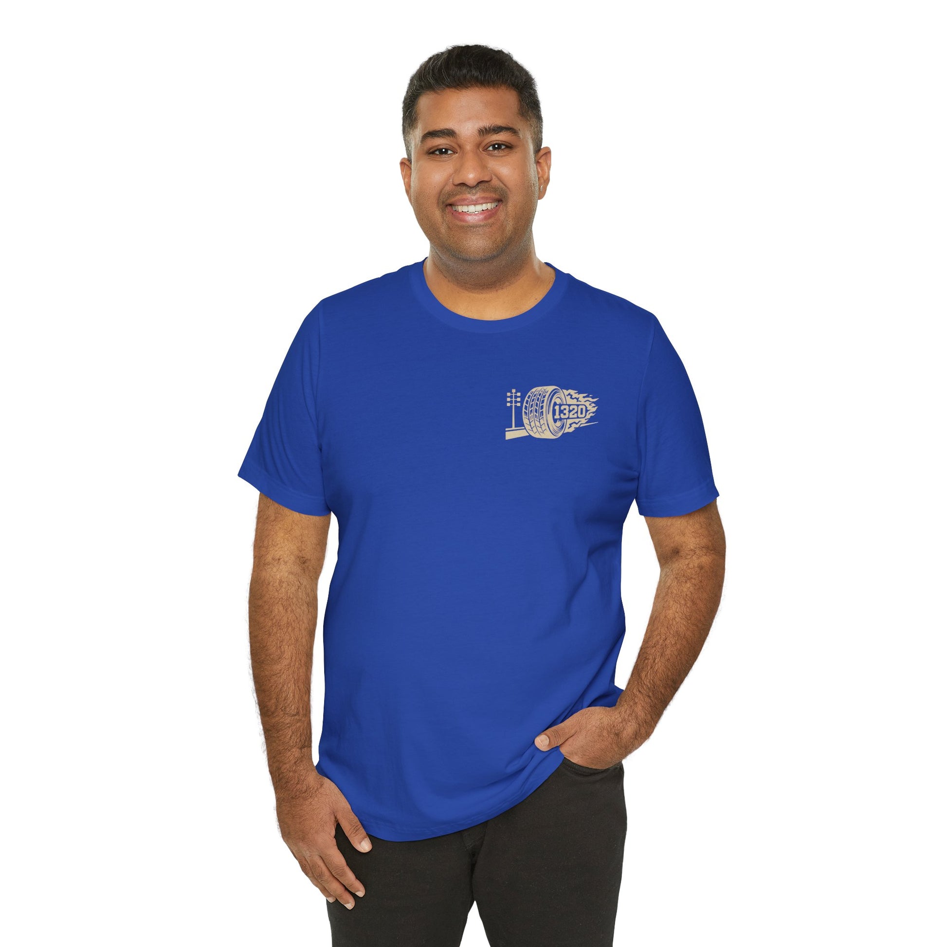 Man wearing a blue t-shirt with a logo and number '1320' on a white background