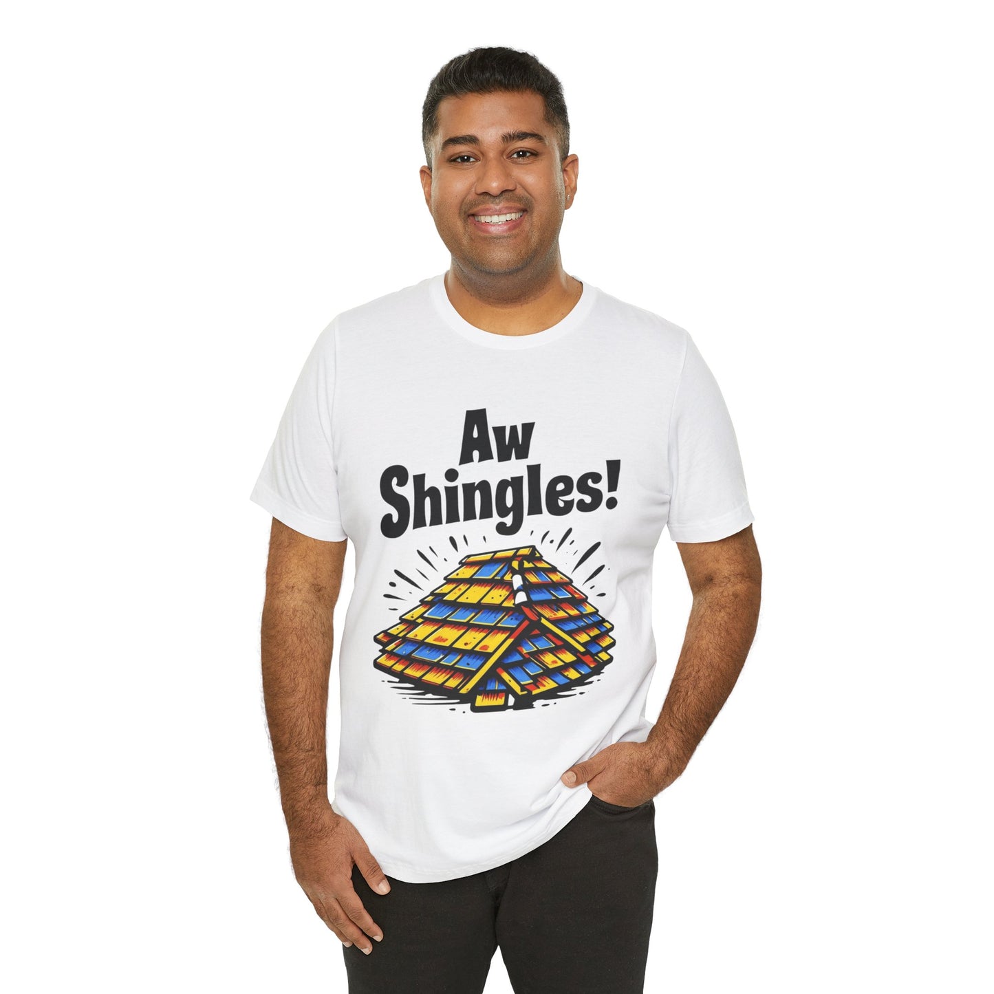 Man wearing a white t-shirt with 'Aw Shingles!' graphic design on a white background