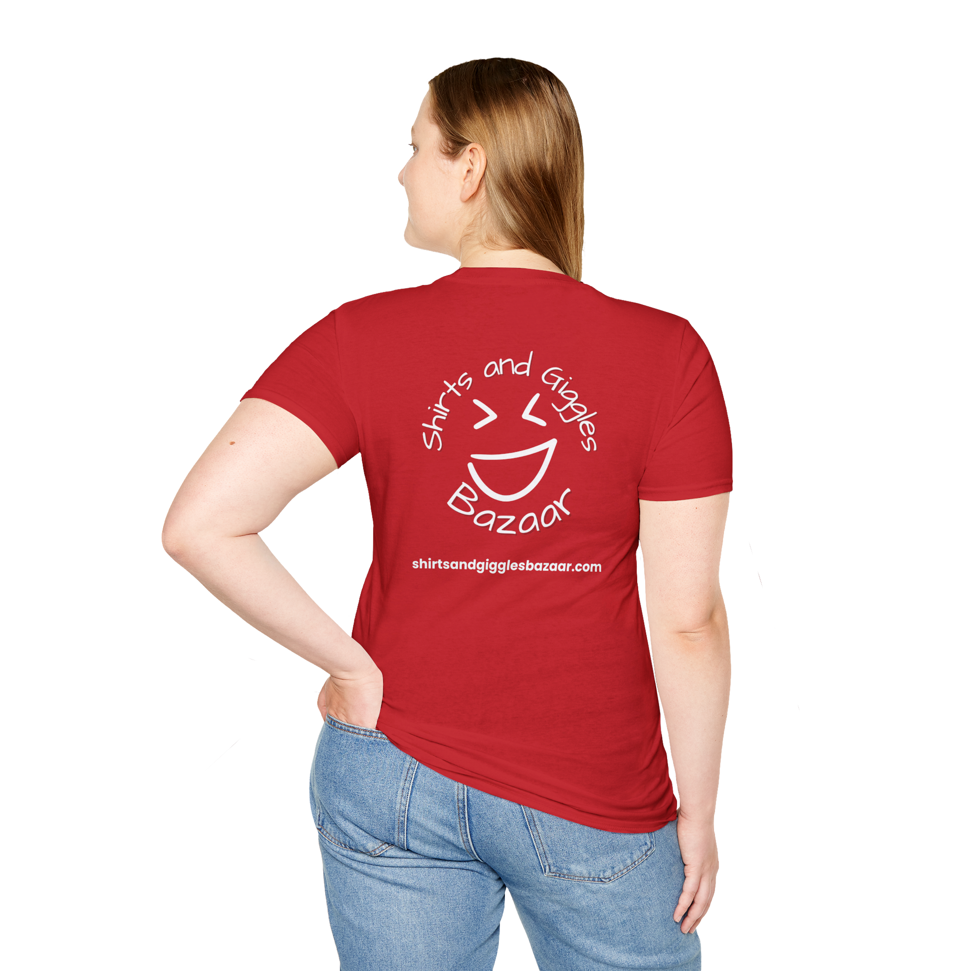 Person wearing a red t-shirt with 'Shirts and Giggles Bazaar' logo on the back.