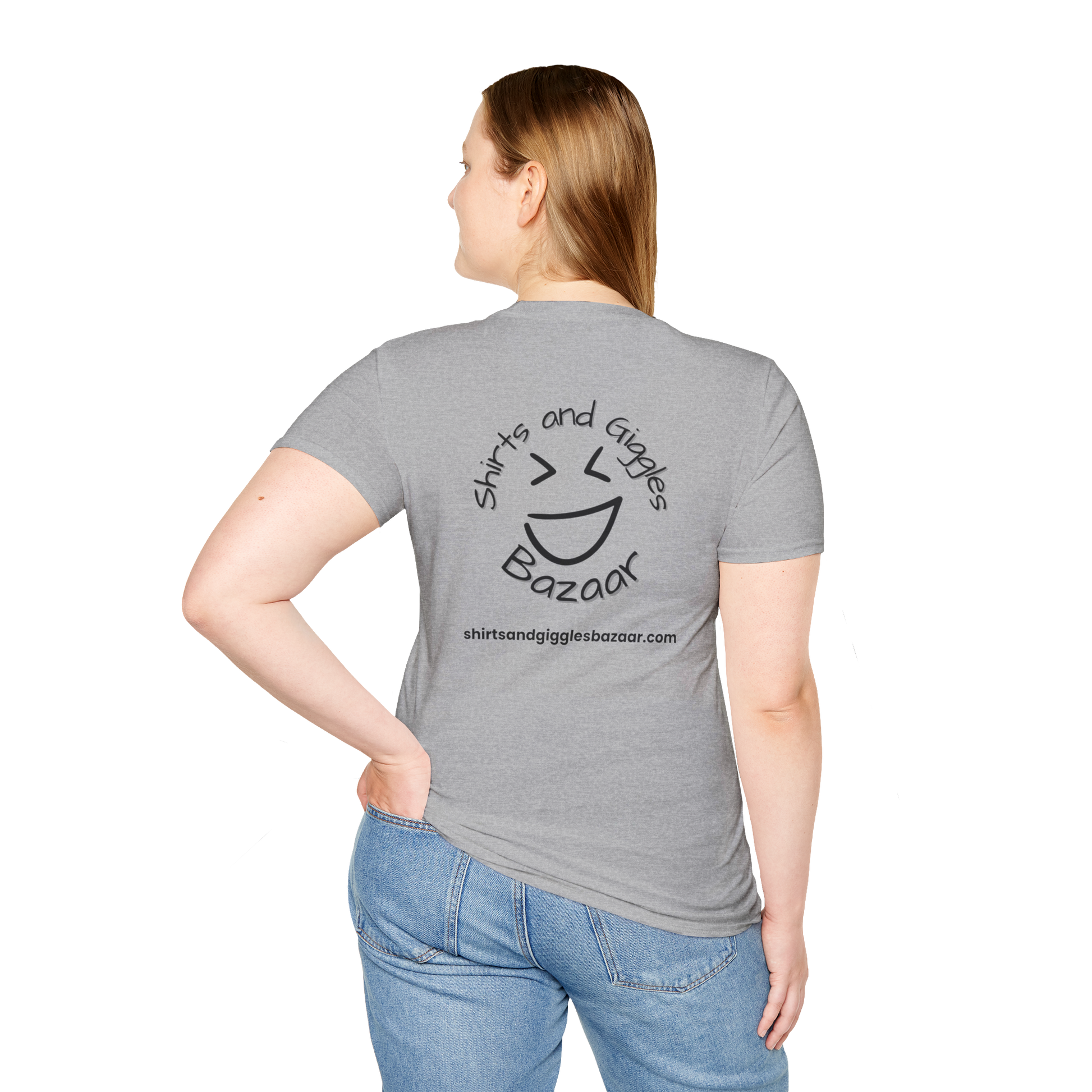 Person wearing a gray t-shirt with 'Shirts and Gigglies Bazaar' logo on the back, standing against a white background.