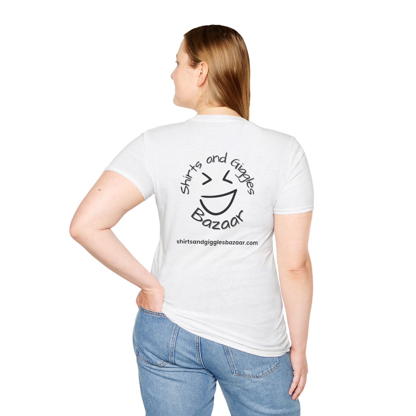 Person wearing a white t-shirt with 'Shirts and Gigglies Bazaar' logo on the back.