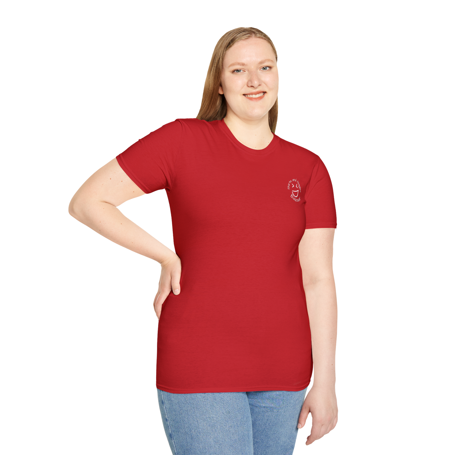 Person wearing a red t-shirt with a small logo on a white background