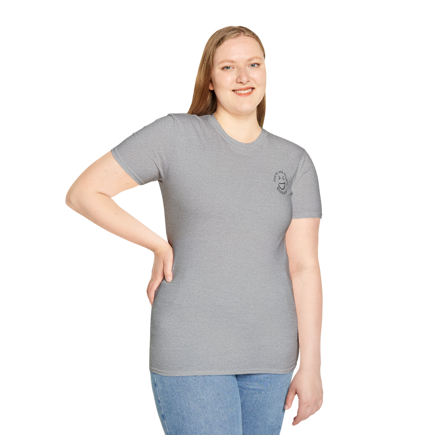 Woman wearing a gray t-shirt with a logo on a white background