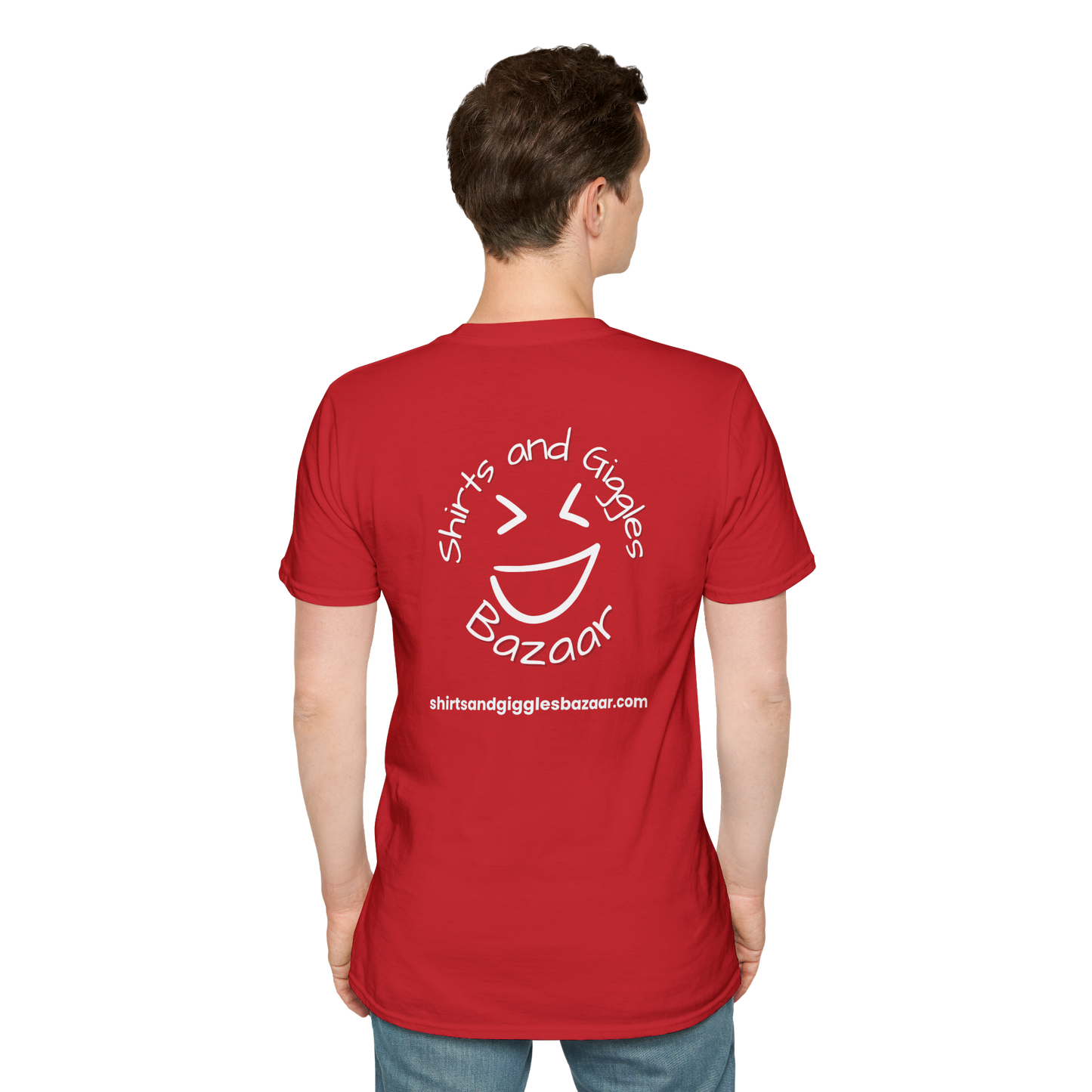 Red t-shirt with a smiley face design and text on the back, worn by a person.