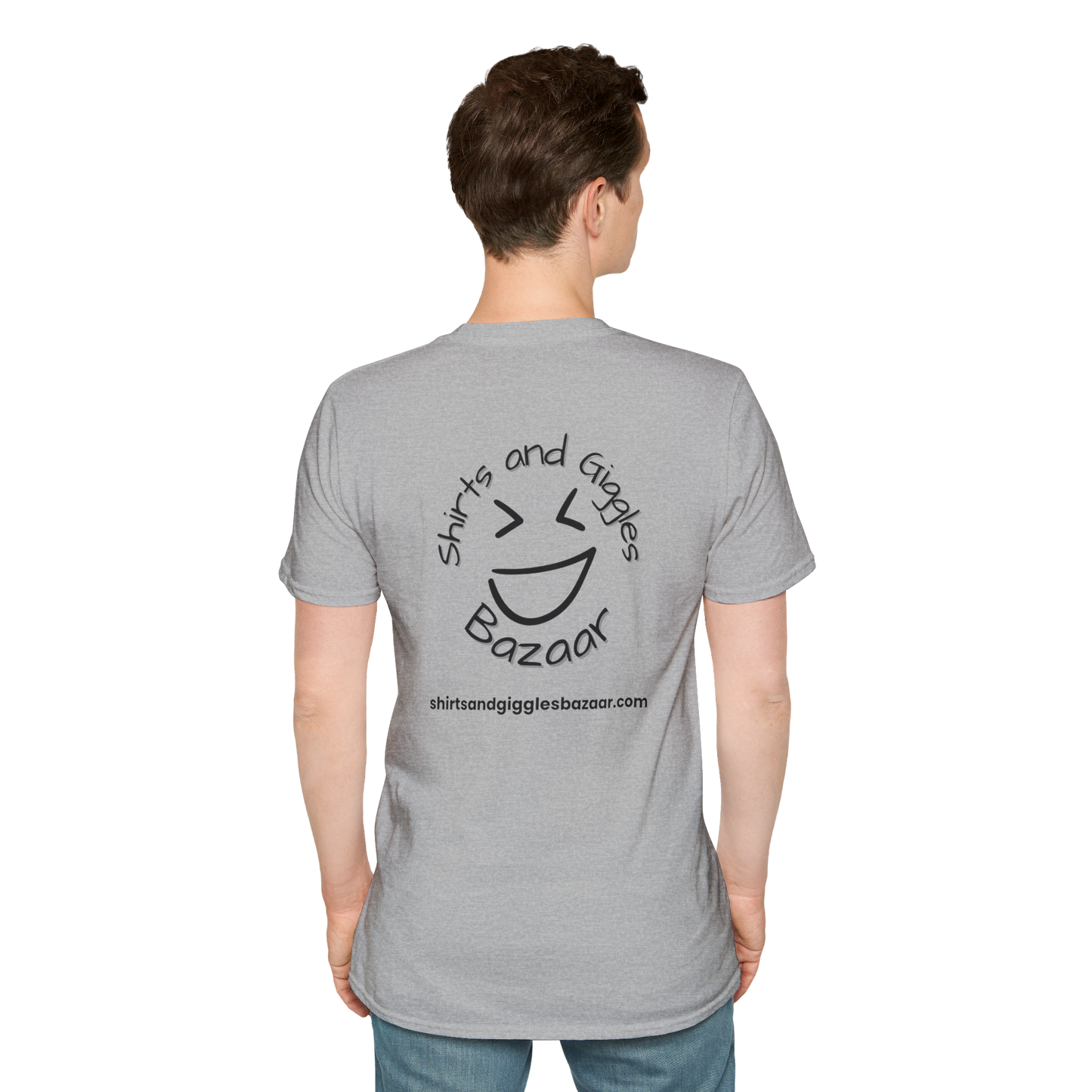 Person wearing a gray t-shirt with a smiley face design and text on the back.