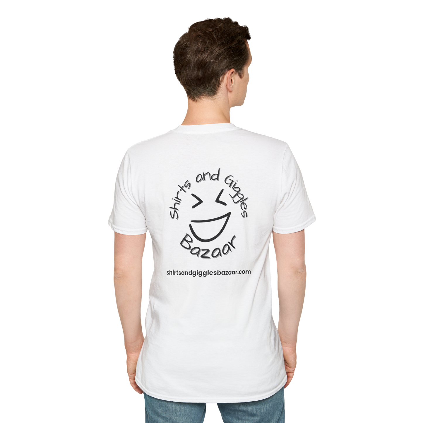Person wearing a white t-shirt with a smiley face design and text on the back, on a white background.