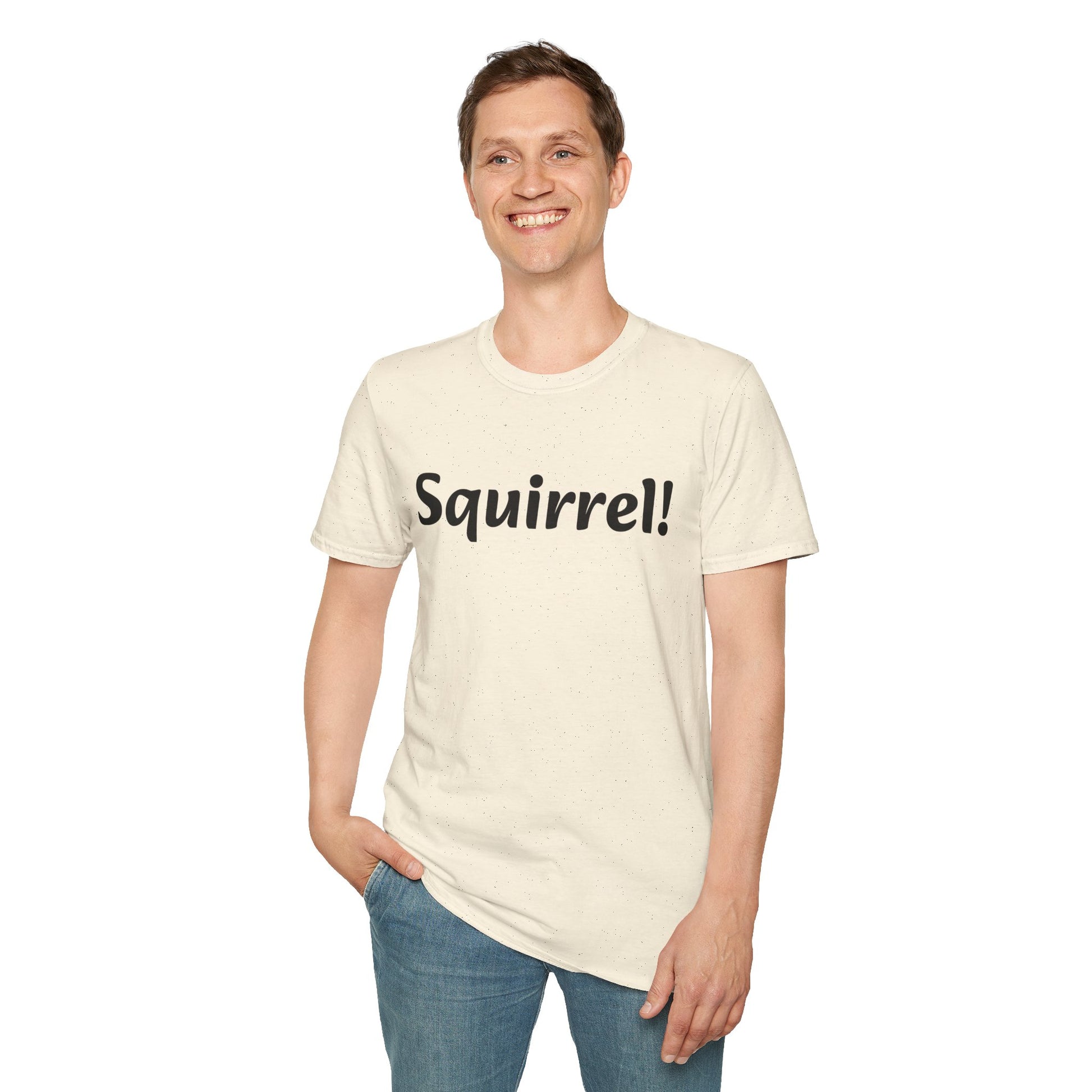 Person wearing a cream t-shirt with 'Squirrel!' text on a white background