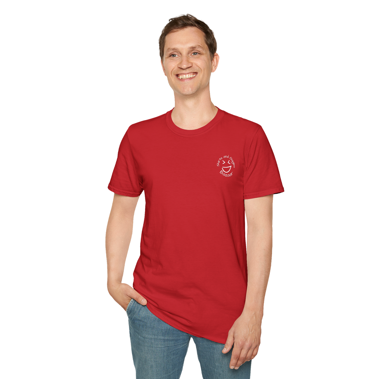 Man wearing a red t-shirt with a small logo on a white background