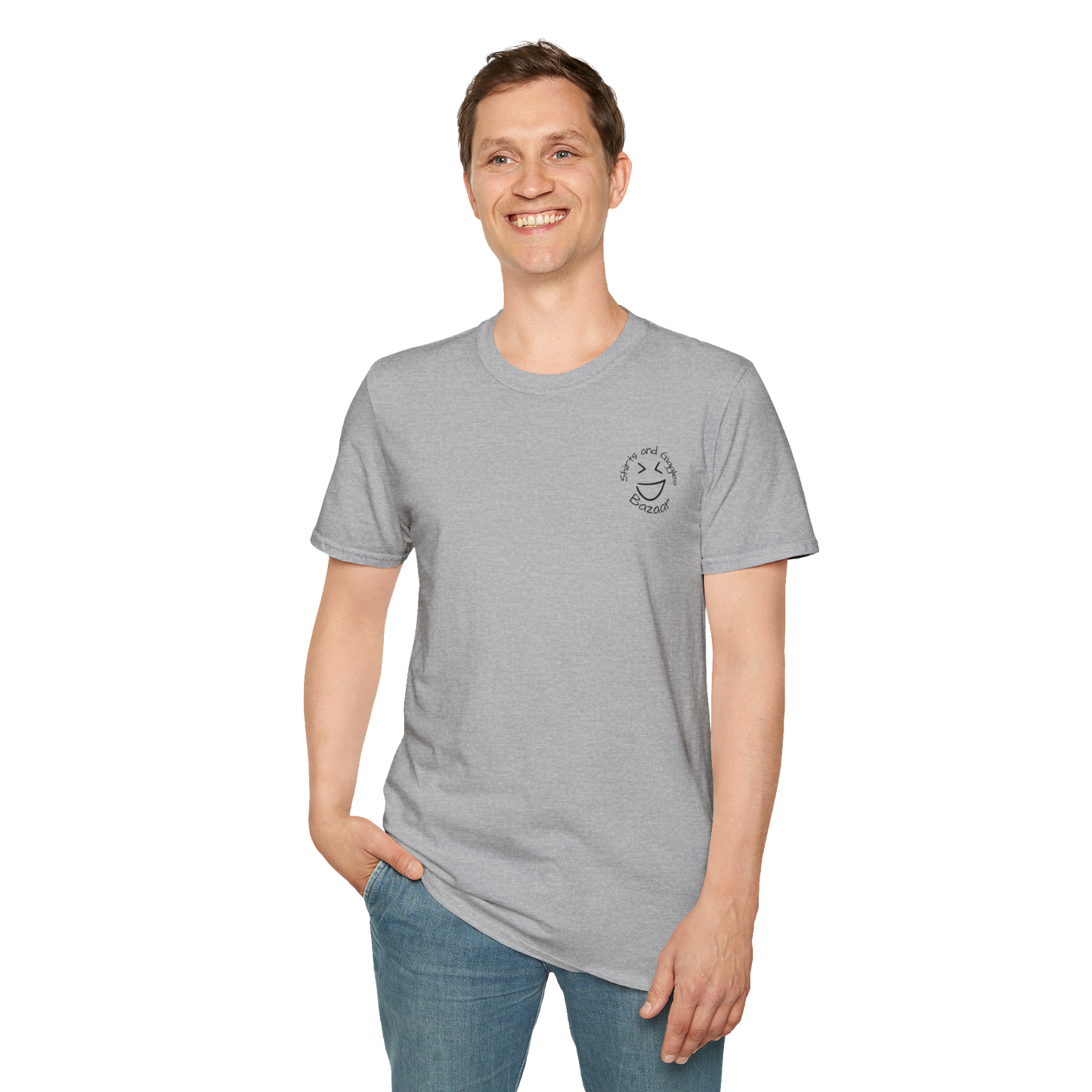 Person wearing a gray t-shirt with a smiley face logo on a white background