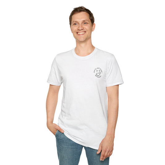 Person wearing a white t-shirt with a small graphic on a plain background