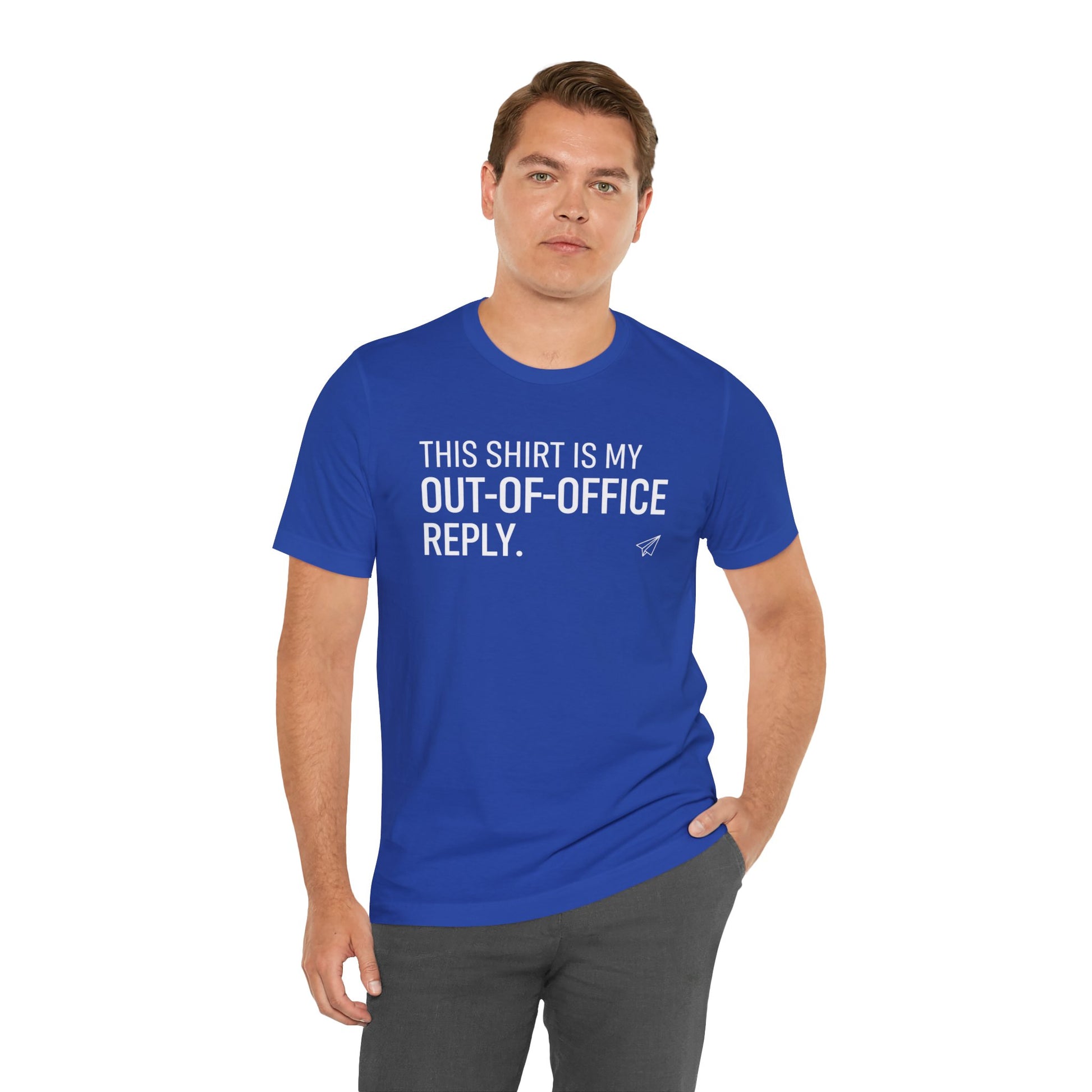 Man wearing a blue t-shirt with text 'This shirt is my out-of-office reply' on a white background