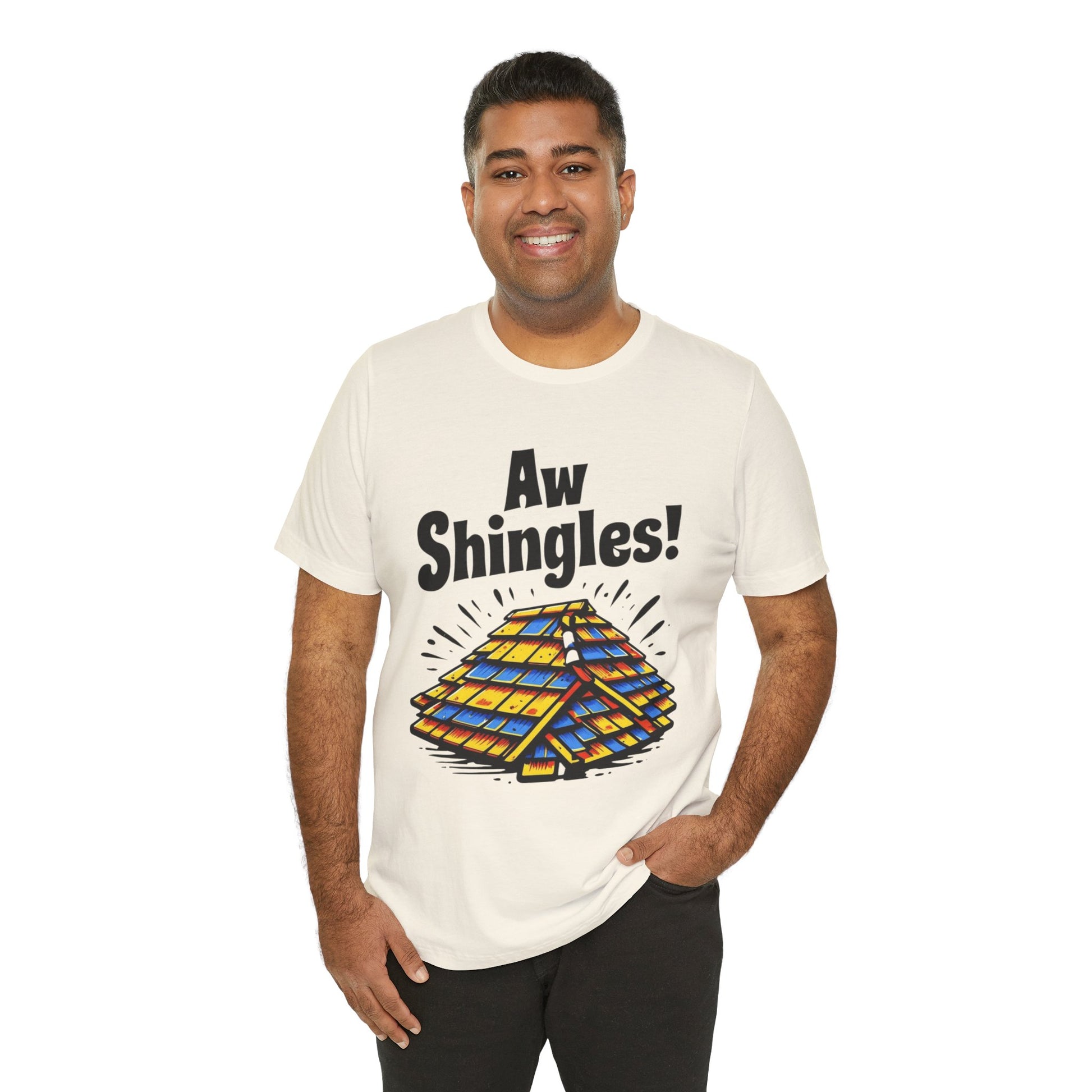 Man wearing a t-shirt with 'Aw Shingles!' graphic design on a white background