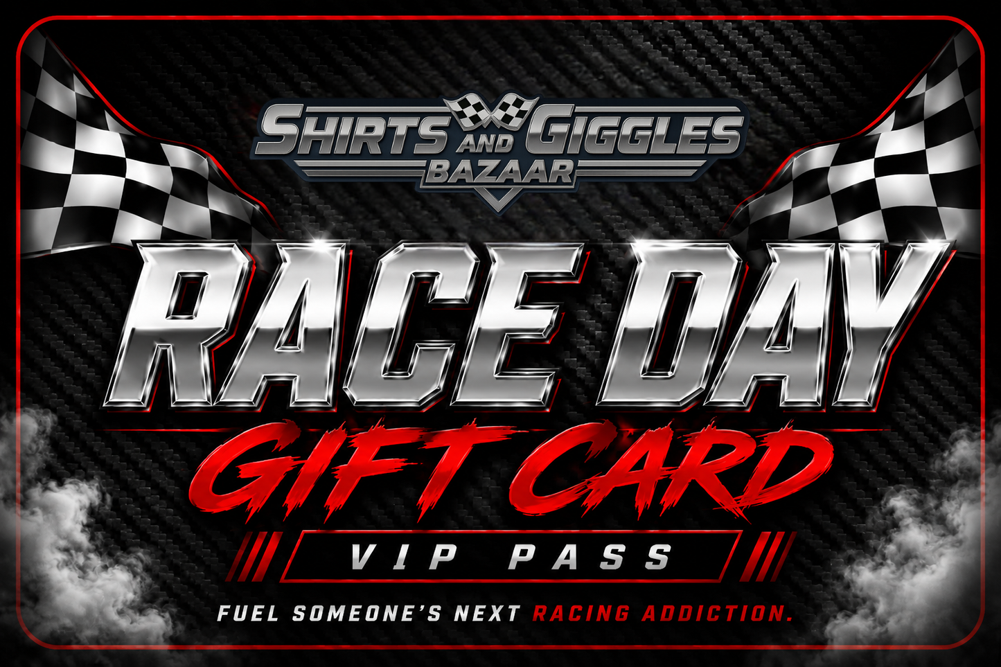 Promotional graphic for 'Shirts and Giggles Bazaar' Race Day Gift Card with checkered flags and text.