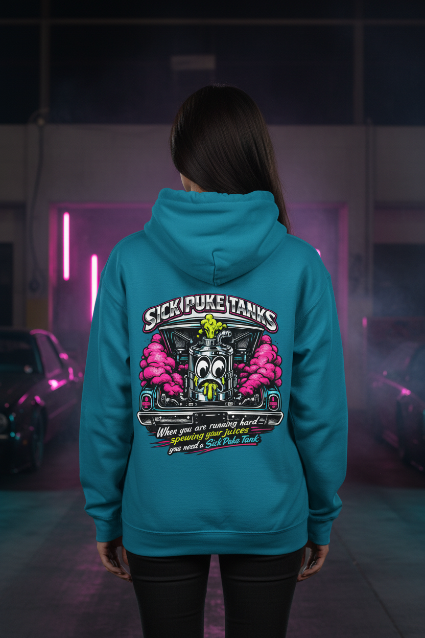 Antique sapphire hoodie back view graphic and 'Sick Puke Tank When you are running hard spewing your juices you need a Sick Puke Tank' text