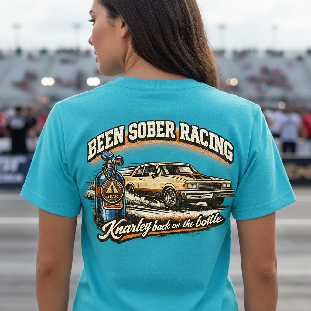 Person wearing a aqua blue t-shirt with a graphic design and 'Been Sober Racing Knarley back on the bottle' text on the back at a race track.