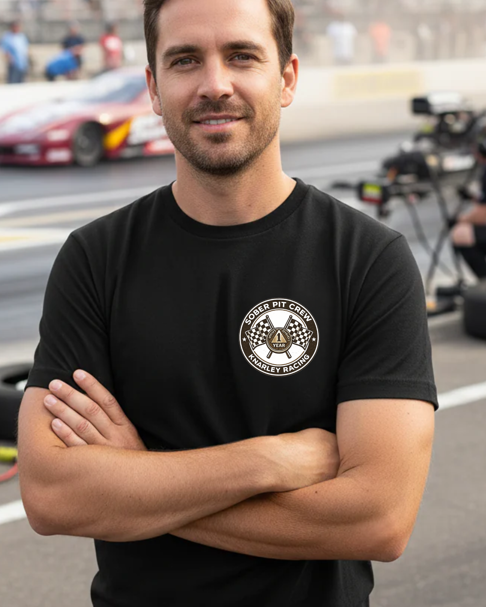 Man wearing a black t-shirt with a 'Sober Pit Crew Knarley Racing' logo on a race track
