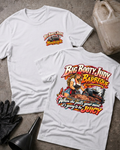 Big Booty Judy Barbeque Juicy T-shirt in white, flat lay showing the front chest logo and the back graphic reading Big Booty Judy Barbeque, When She Pulls Your Meat It's Going to Be Juicy, styled with work gloves, a funnel, and a fluid jug.