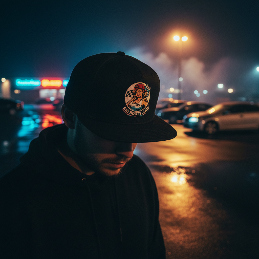 Person wearing a cap with a 'Big Booty Judy' logo in a dark, possibly urban setting at night.
