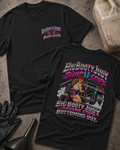 Black Big Booty Judy Bump Stops T-shirt, front and back views with a chest logo and pinup-style woman beside a drag car, plus “Big Booty Judy cushions stops bottoming out.”