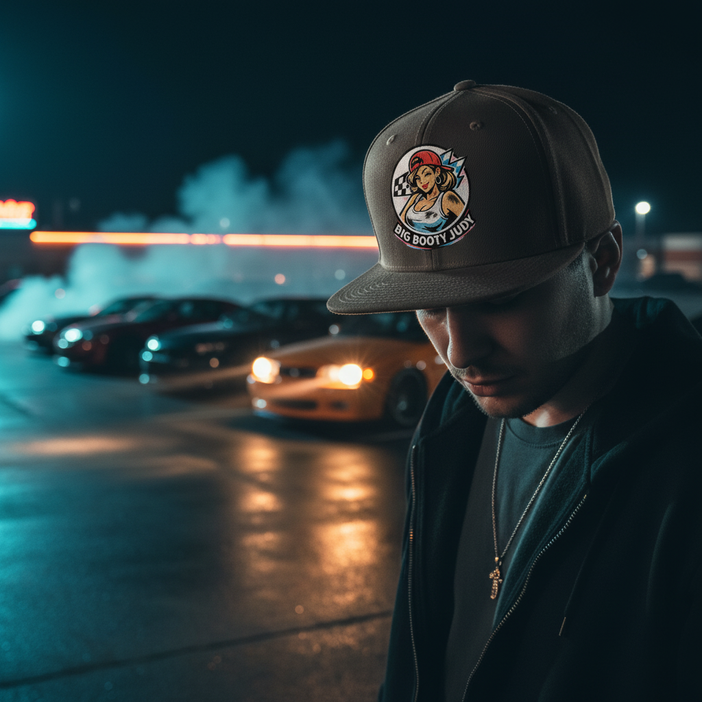 Man wearing a dark heather cap with a 'Big Booty Judy' logo graphic design in a parking lot at night.