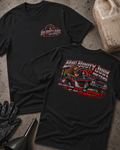  Black Big Booty Judy G Meter T-shirt with a small front chest logo and a large back print featuring a drag racing car, G-meter graphic, and racing humor.
